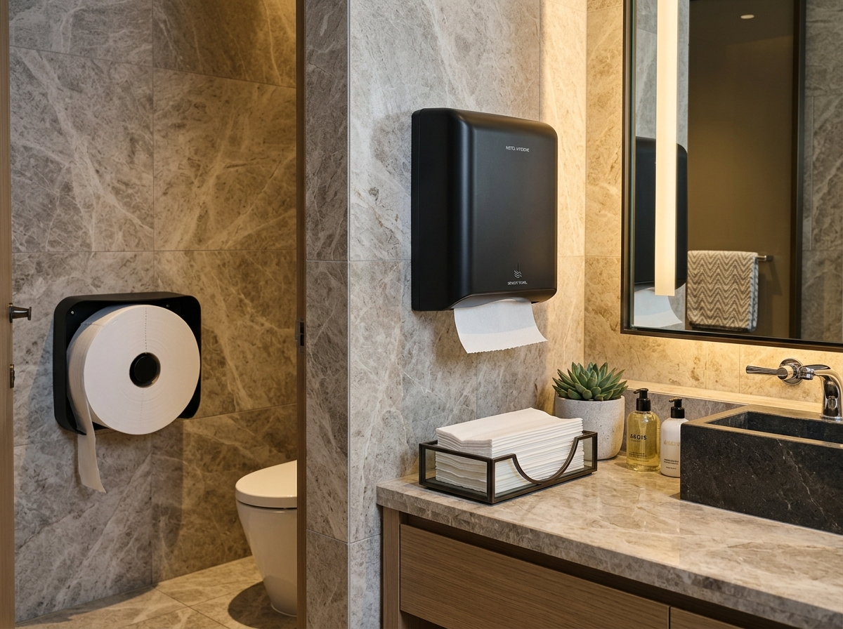 C-Fold and M-Fold commercial hand towels in luxury restroom dispenser